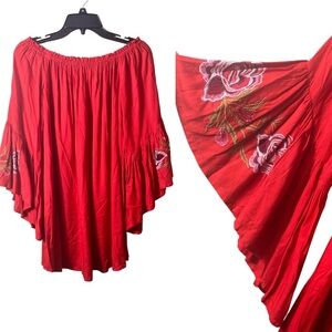 Feathers Blouse Small Red Off Shoulder Embroidered Boho Peasant Gypsy Top NWOT